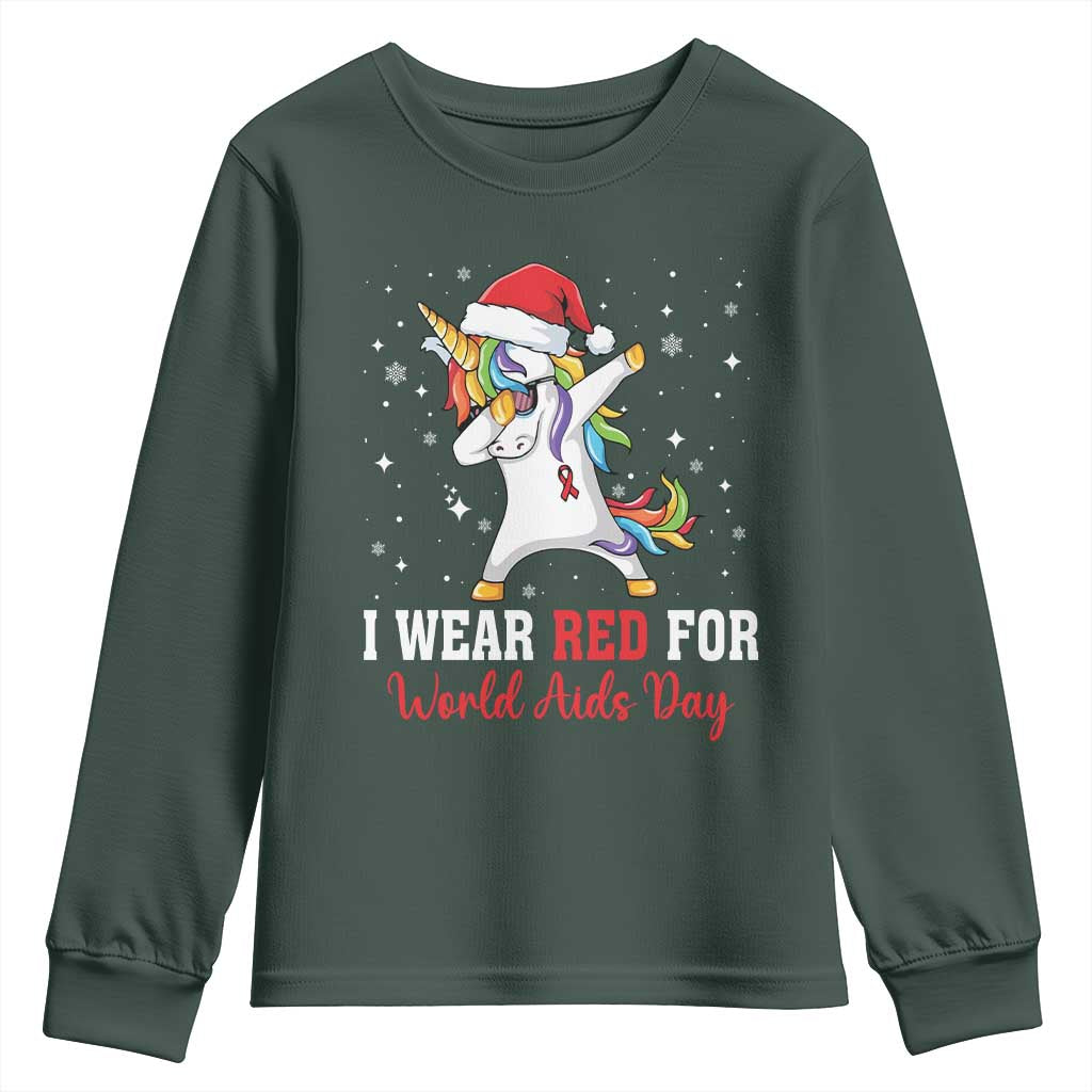 I Wear Red For World AIDS Day Youth Sweatshirt Santa Unicorn Dabbing Christmas Gift TS12 Dark Forest Green Print Your Wear