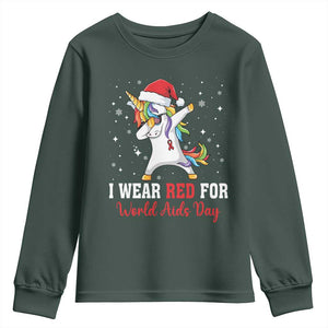 I Wear Red For World AIDS Day Youth Sweatshirt Santa Unicorn Dabbing Christmas Gift TS12 Dark Forest Green Print Your Wear