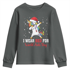 I Wear Red For World AIDS Day Youth Sweatshirt Santa Unicorn Dabbing Christmas Gift TS12 Dark Heather Print Your Wear