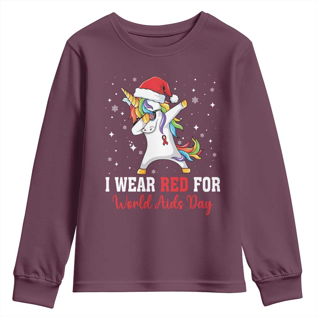 I Wear Red For World AIDS Day Youth Sweatshirt Santa Unicorn Dabbing Christmas Gift TS12 Maroon Print Your Wear