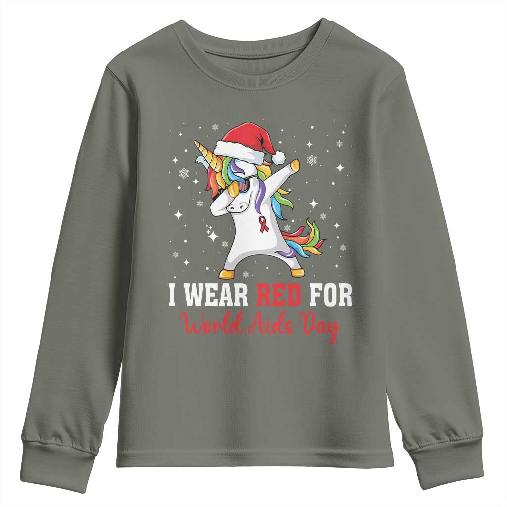 I Wear Red For World AIDS Day Youth Sweatshirt Santa Unicorn Dabbing Christmas Gift TS12 Military Green Print Your Wear