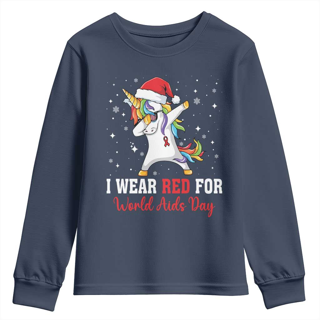 I Wear Red For World AIDS Day Youth Sweatshirt Santa Unicorn Dabbing Christmas Gift TS12 Navy Print Your Wear