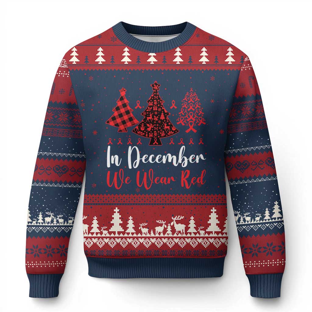 In December We Wear Red Ugly Christmas Sweater HIV Awareness Xmas Ribbon Tree Gift TS12 Navy Red Print Your Wear
