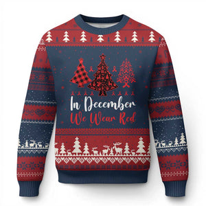 In December We Wear Red Ugly Christmas Sweater HIV Awareness Xmas Ribbon Tree Gift TS12 Navy Red Print Your Wear