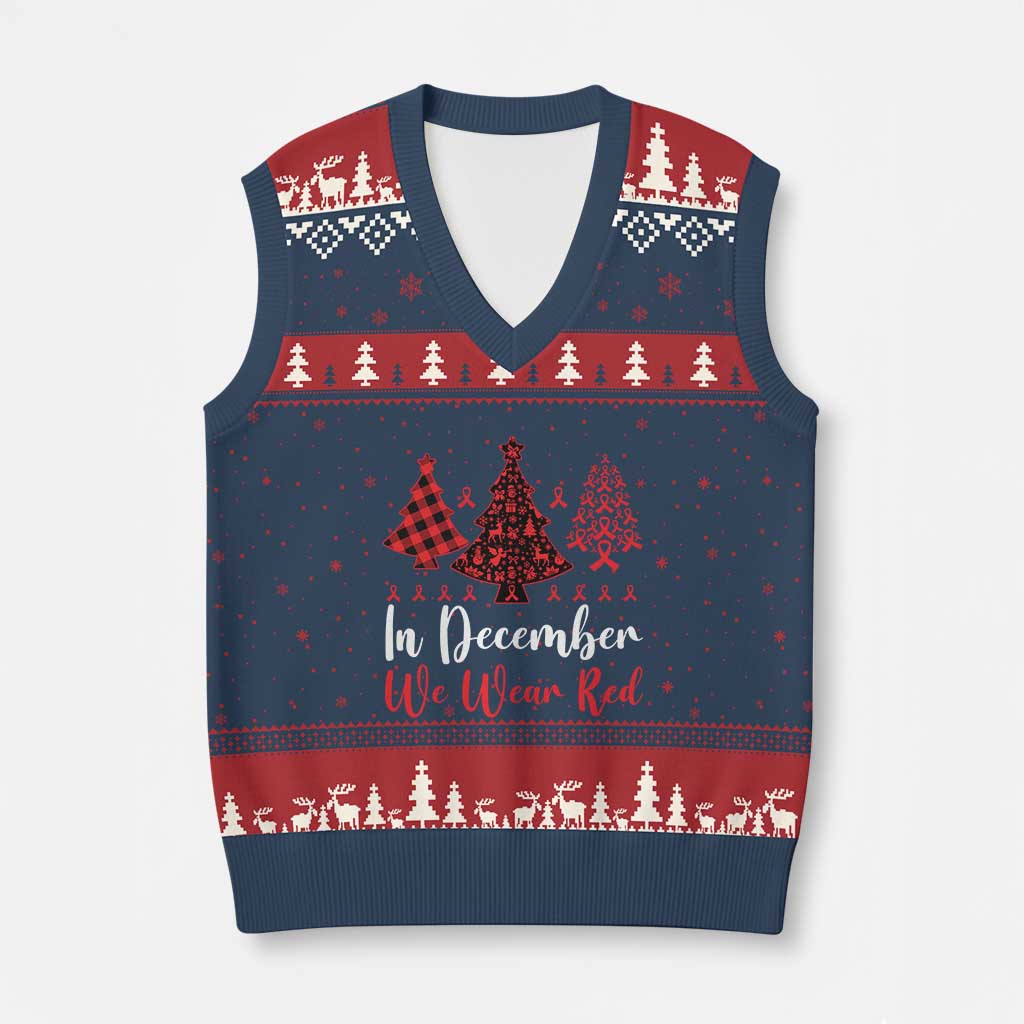 In December We Wear Red V-Neck Knit Sweater Vest HIV Awareness Xmas Ribbon Tree Gift TS12 Navy Red Print Your Wear