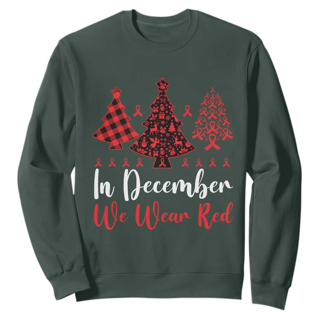 In December We Wear Red Sweatshirt HIV Awareness Christmas Ribbon Tree Gift TS12 Dark Forest Green Print Your Wear