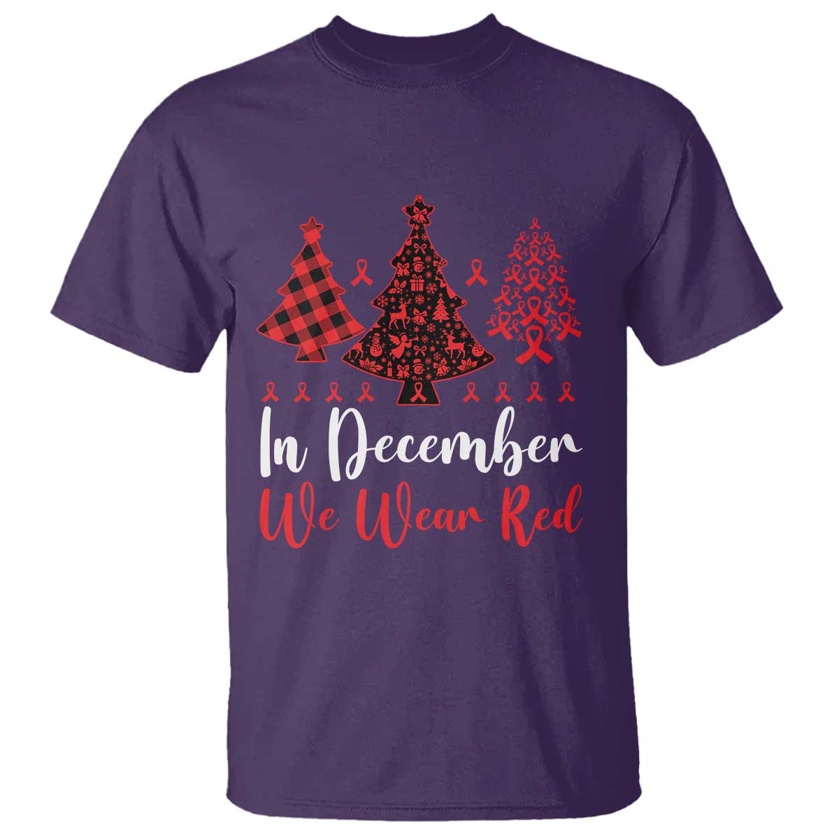 In December We Wear Red T Shirt HIV Awareness Christmas Ribbon Tree Gift TS12 Purple Print Your Wear