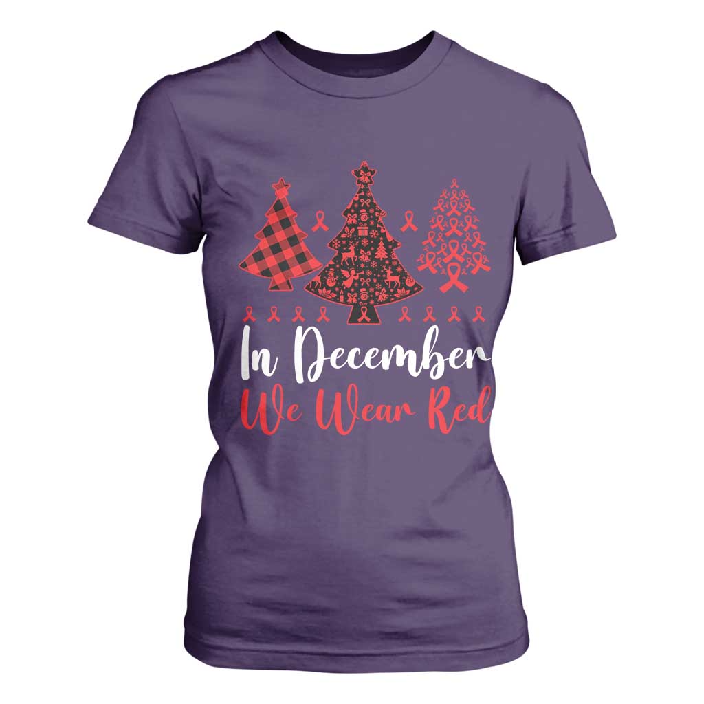 In December We Wear Red T Shirt For Women HIV Awareness Christmas Ribbon Tree Gift TS12 Purple Print Your Wear