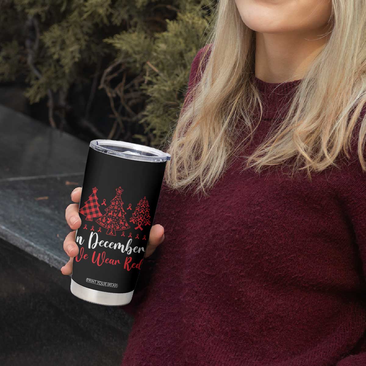 In December We Wear Red Tumbler Cup HIV Awareness Christmas Ribbon Tree Gift TS12 Print Your Wear