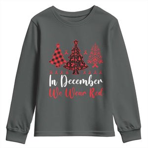 In December We Wear Red Youth Sweatshirt HIV Awareness Christmas Ribbon Tree Gift TS12 Dark Heather Print Your Wear