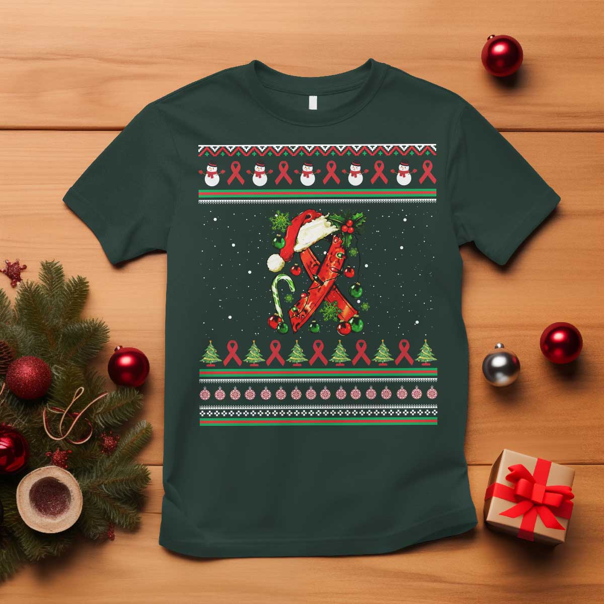 Santa Red Ribbon HIV Awareness T Shirt Ugly Sweater Christmas Gift TS12 Dark Forest Green Print Your Wear