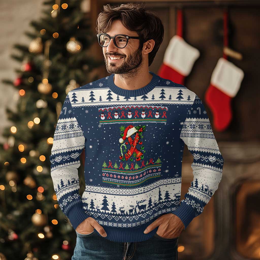 Santa Red Ribbon HIV Awareness Ugly Christmas Sweater Ugly Sweater Xmas Gift TS12 Navy Beige Print Your Wear