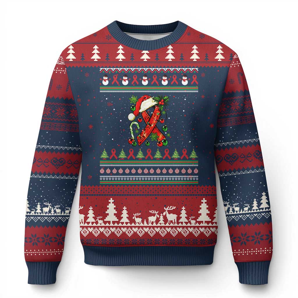 Santa Red Ribbon HIV Awareness Ugly Christmas Sweater Ugly Sweater Xmas Gift TS12 Navy Red Print Your Wear