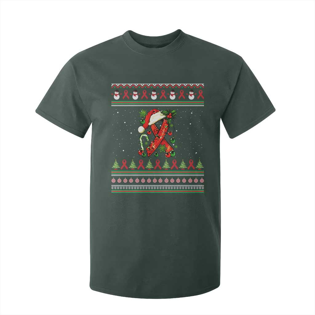 Santa Red Ribbon HIV Awareness T Shirt For Kid Ugly Sweater Christmas Gift TS12 Dark Forest Green Print Your Wear
