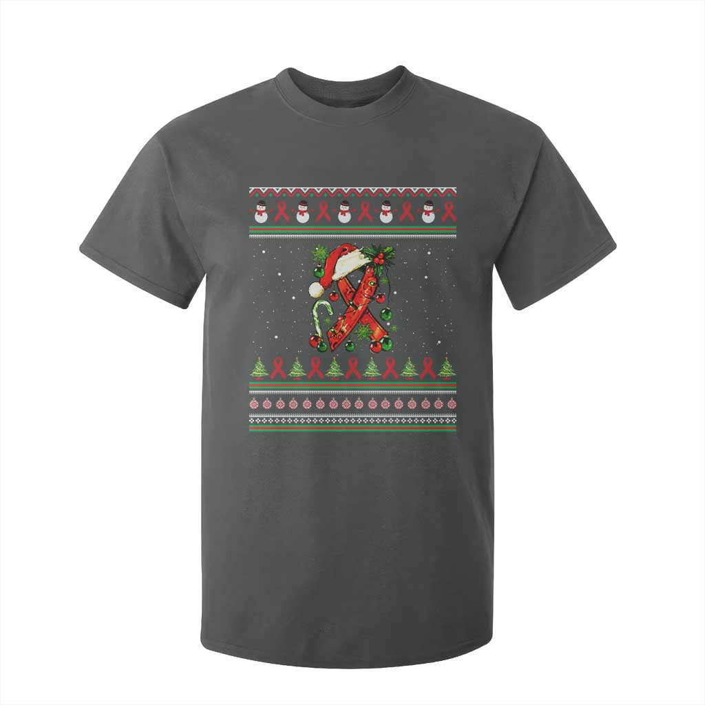 Santa Red Ribbon HIV Awareness T Shirt For Kid Ugly Sweater Christmas Gift TS12 Dark Heather Print Your Wear