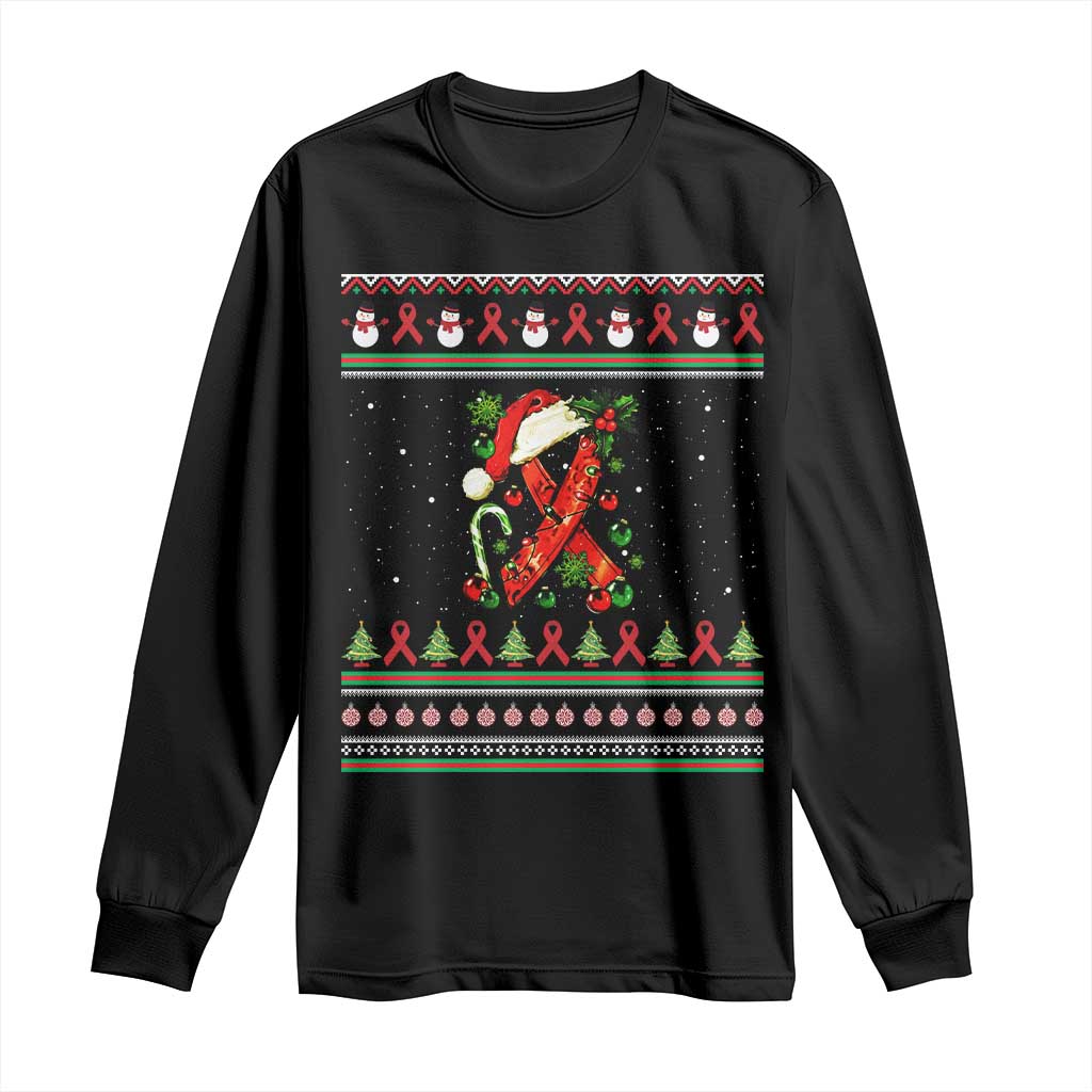 Santa Red Ribbon HIV Awareness Long Sleeve Shirt Ugly Sweater Christmas Gift TS12 Black Print Your Wear