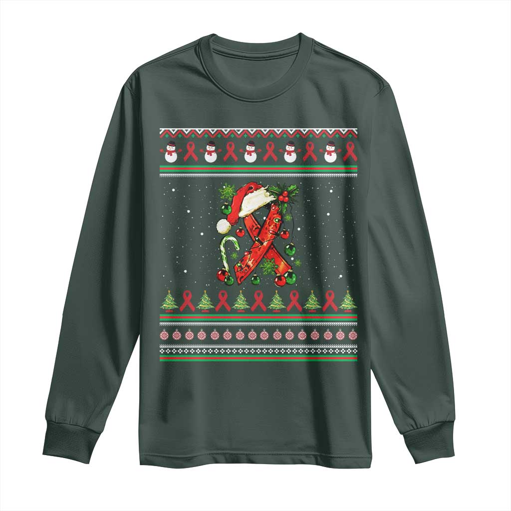 Santa Red Ribbon HIV Awareness Long Sleeve Shirt Ugly Sweater Christmas Gift TS12 Dark Forest Green Print Your Wear