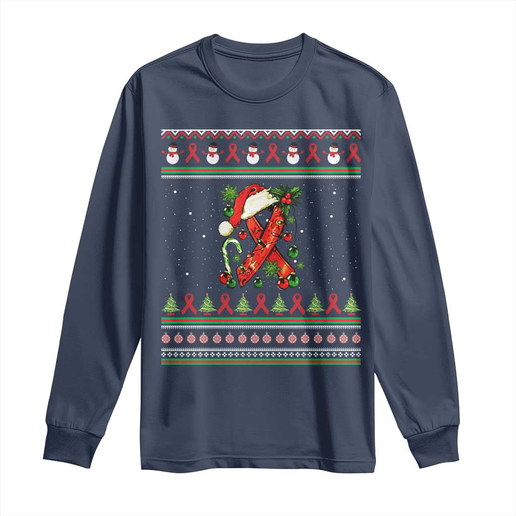Santa Red Ribbon HIV Awareness Long Sleeve Shirt Ugly Sweater Christmas Gift TS12 Navy Print Your Wear