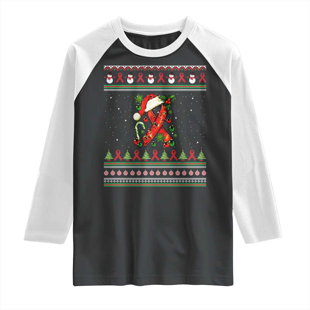 Santa Red Ribbon HIV Awareness Raglan Shirt Ugly Sweater Christmas Gift TS12 Black White Print Your Wear