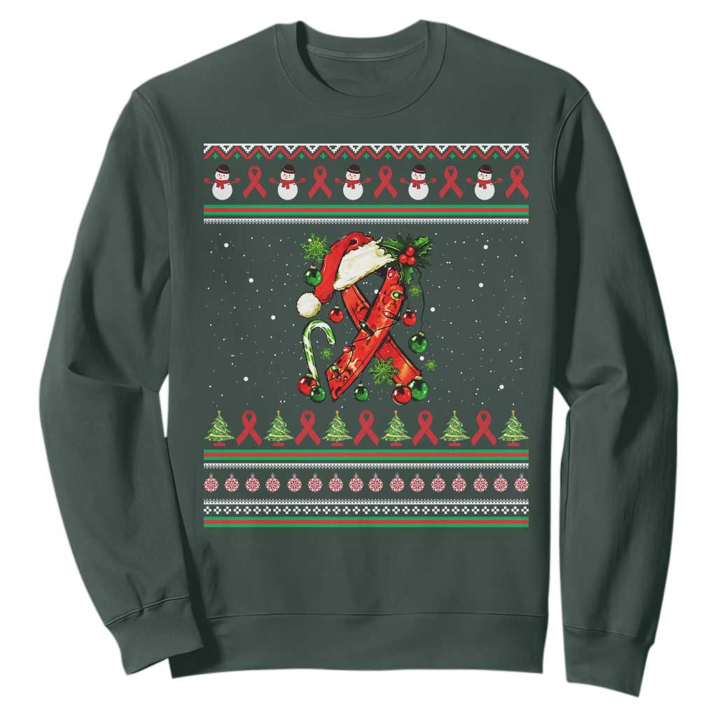 Santa Red Ribbon HIV Awareness Sweatshirt Ugly Sweater Christmas Gift TS12 Dark Forest Green Print Your Wear