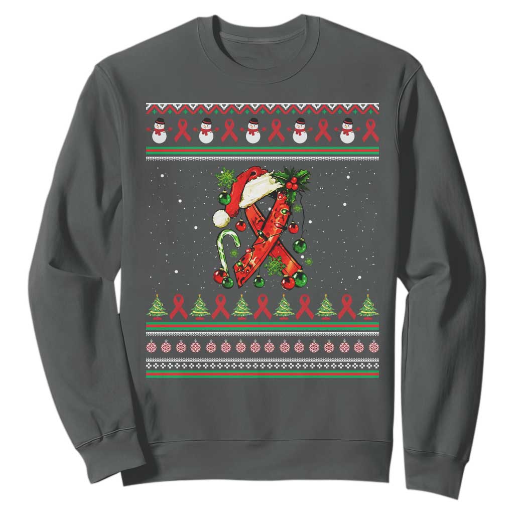 Santa Red Ribbon HIV Awareness Sweatshirt Ugly Sweater Christmas Gift TS12 Dark Heather Print Your Wear