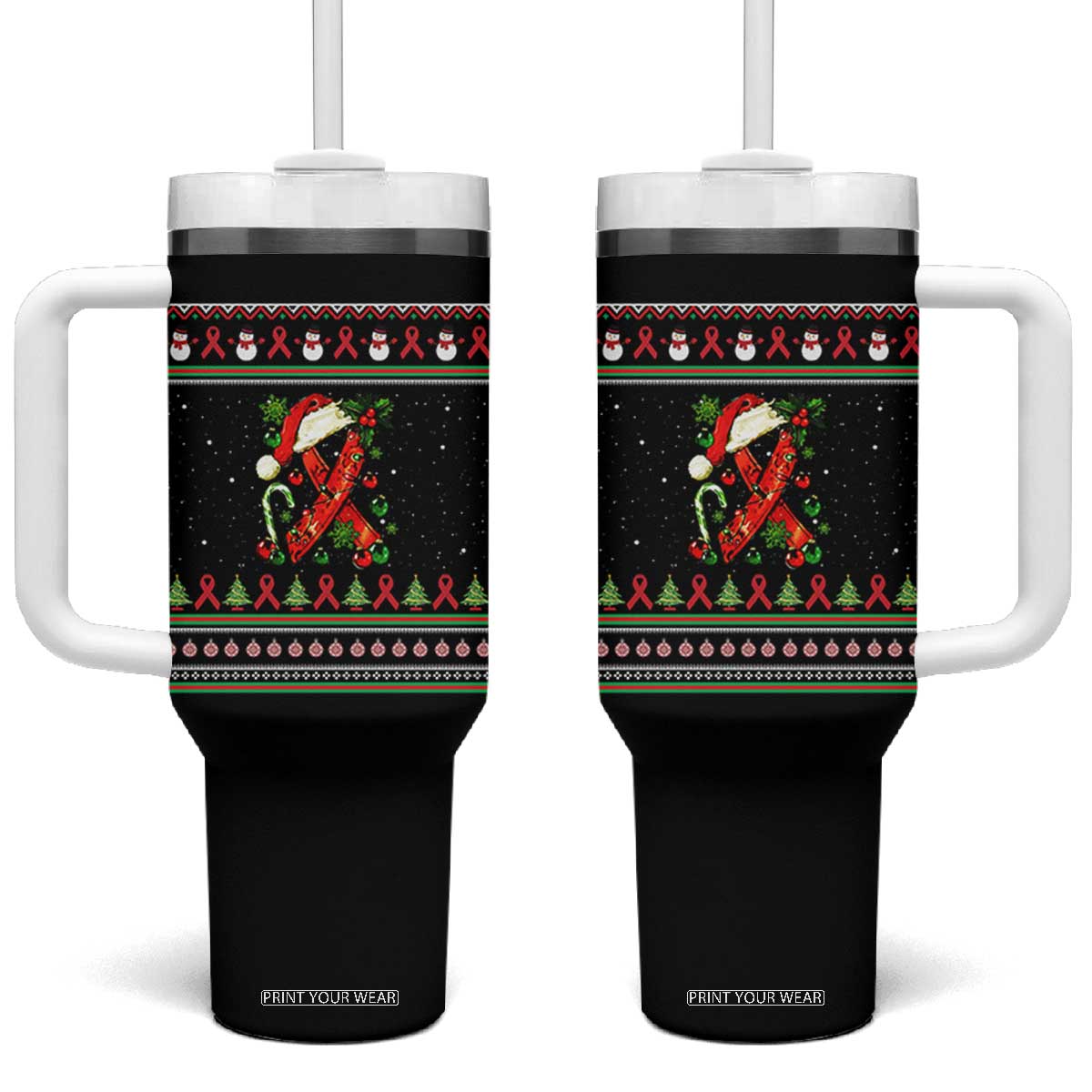 Santa Red Ribbon HIV Awareness Tumbler With Handle Ugly Sweater Christmas Gift TS12 One Size: 40 oz Black Print Your Wear