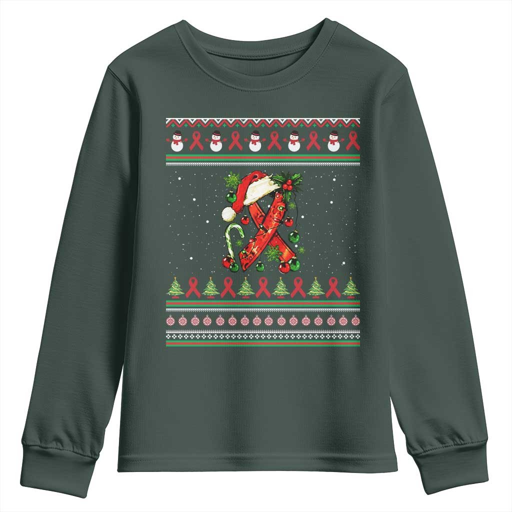 Santa Red Ribbon HIV Awareness Youth Sweatshirt Ugly Sweater Christmas Gift TS12 Dark Forest Green Print Your Wear