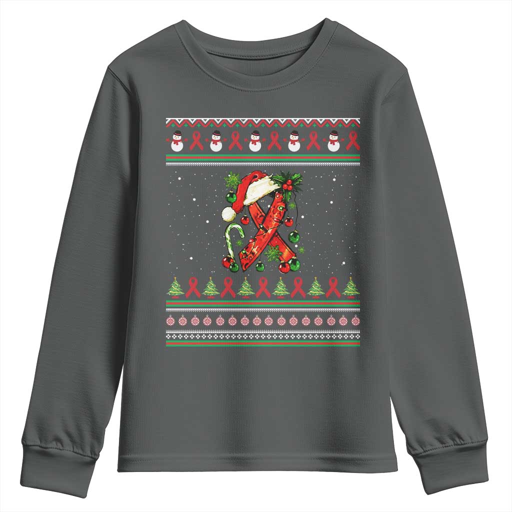 Santa Red Ribbon HIV Awareness Youth Sweatshirt Ugly Sweater Christmas Gift TS12 Dark Heather Print Your Wear