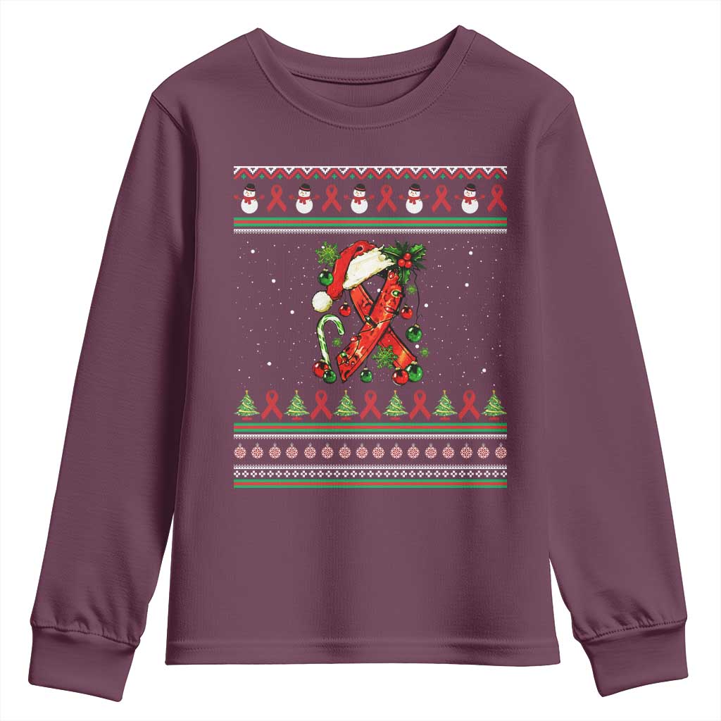 Santa Red Ribbon HIV Awareness Youth Sweatshirt Ugly Sweater Christmas Gift TS12 Maroon Print Your Wear