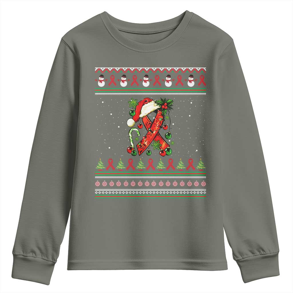 Santa Red Ribbon HIV Awareness Youth Sweatshirt Ugly Sweater Christmas Gift TS12 Military Green Print Your Wear