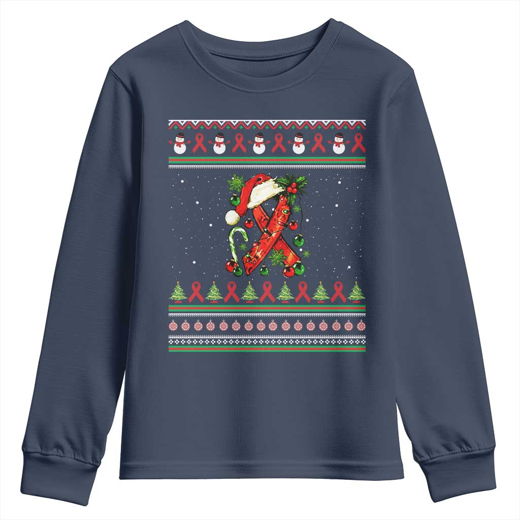 Santa Red Ribbon HIV Awareness Youth Sweatshirt Ugly Sweater Christmas Gift TS12 Navy Print Your Wear