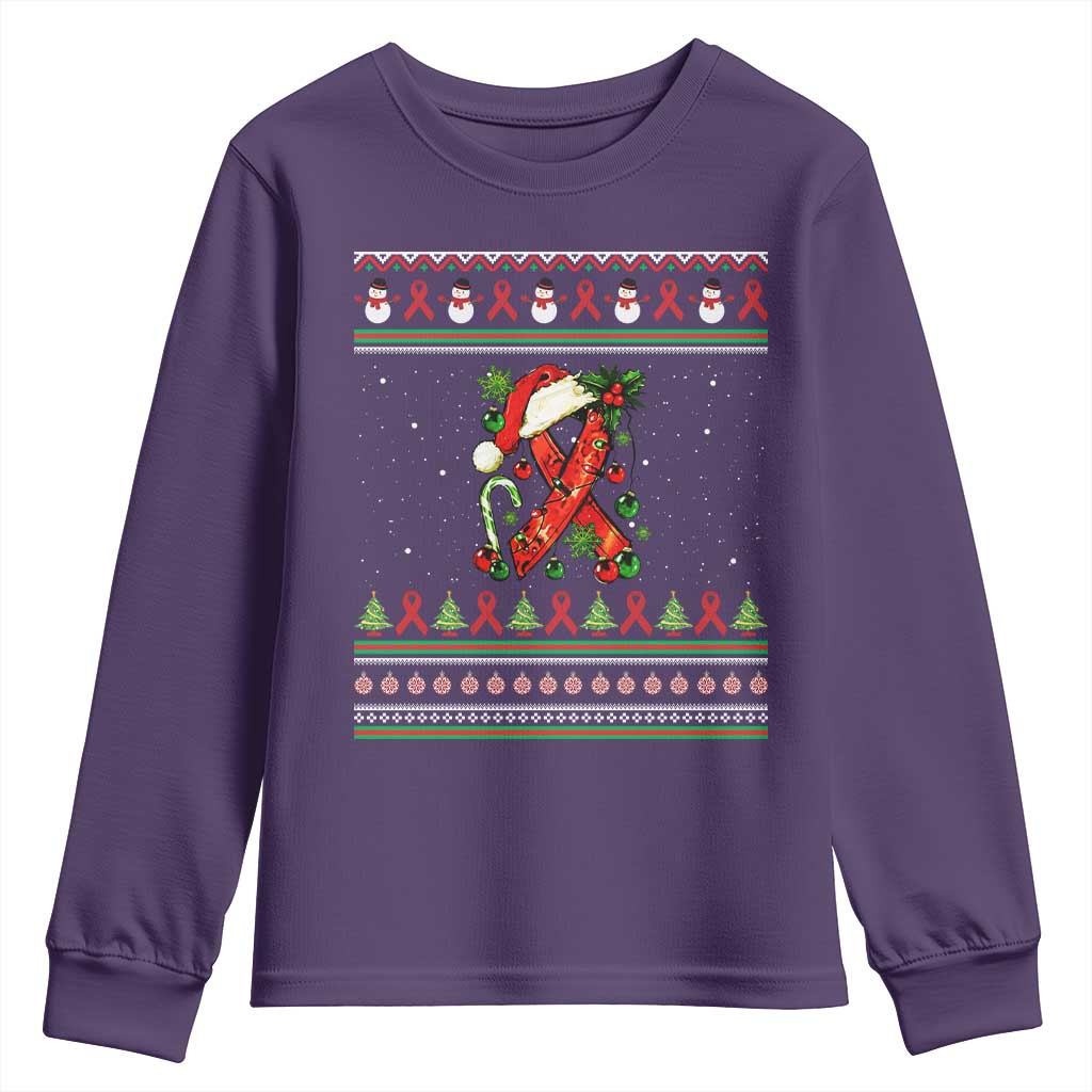 Santa Red Ribbon HIV Awareness Youth Sweatshirt Ugly Sweater Christmas Gift TS12 Purple Print Your Wear