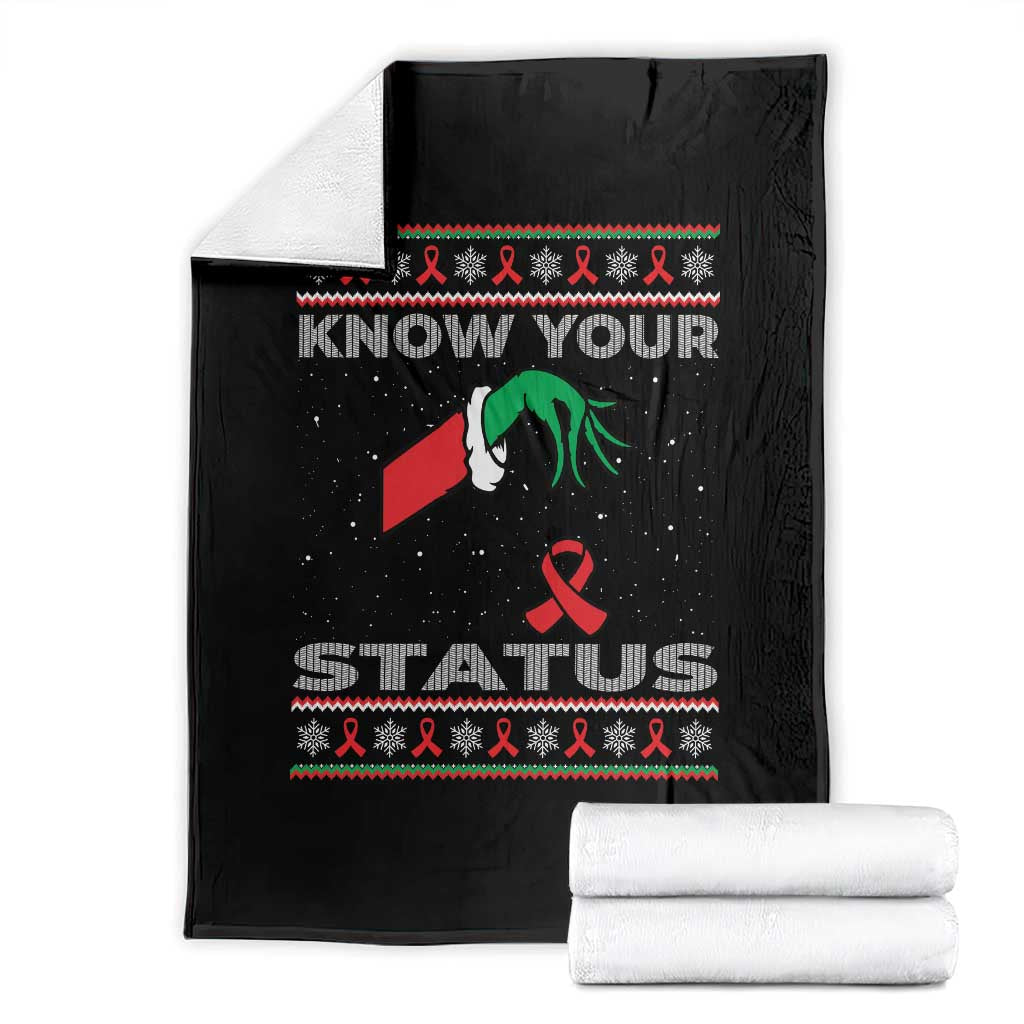 Funny Know Your Status Green Hand Throw Blanket Red Ribbon HIV Ugly Sweater Gift TS12 Black Print Your Wear
