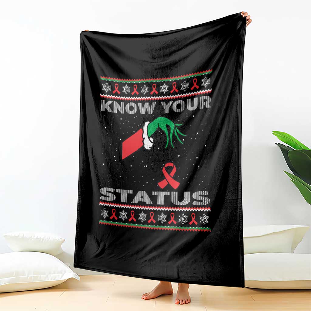 Funny Know Your Status Green Hand Throw Blanket Red Ribbon HIV Ugly Sweater Gift TS12 Print Your Wear