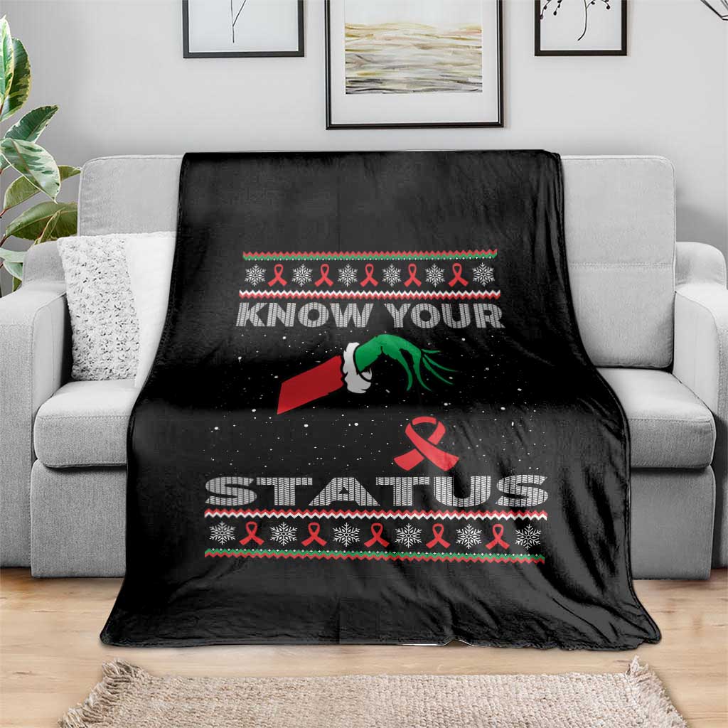 Funny Know Your Status Green Hand Throw Blanket Red Ribbon HIV Ugly Sweater Gift TS12 Print Your Wear