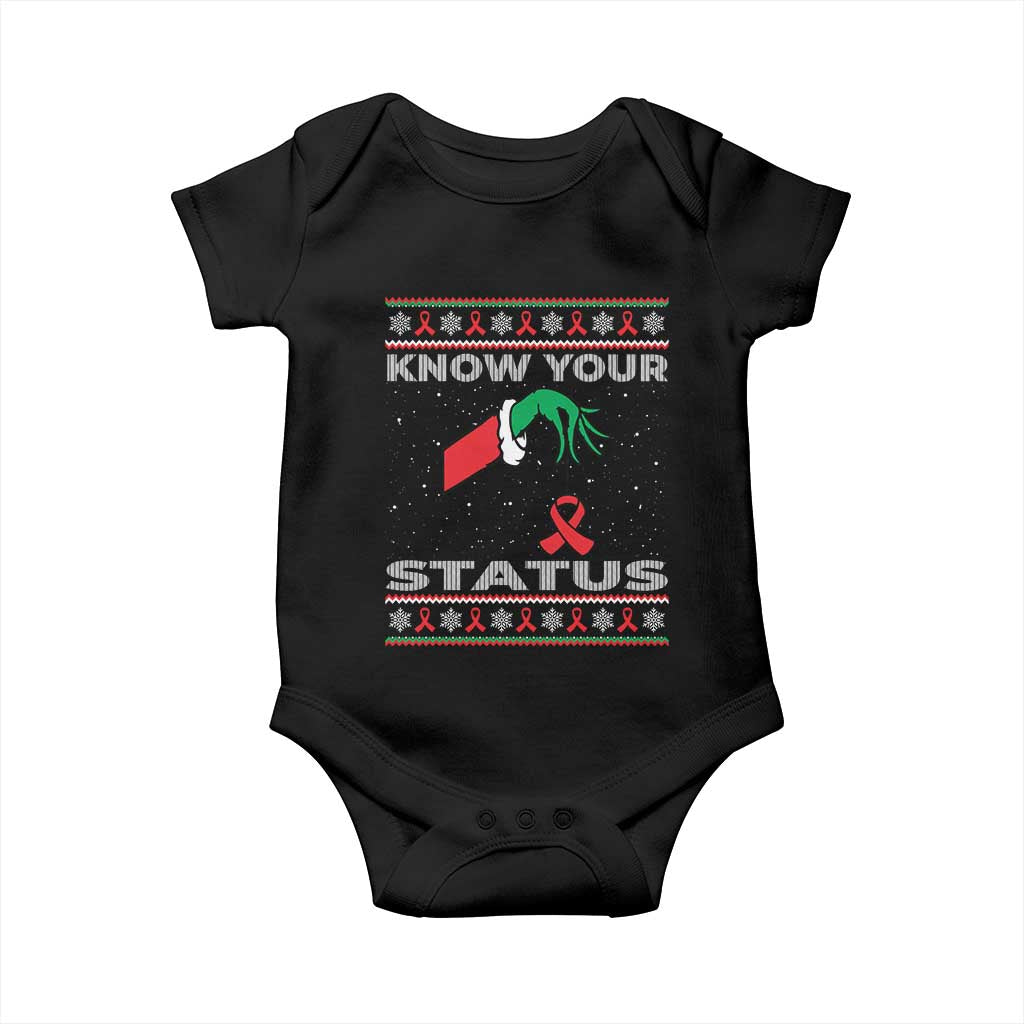 Funny Know Your Status Green Hand Baby Onesie Red Ribbon HIV Ugly Sweater Gift TS12 Black Print Your Wear
