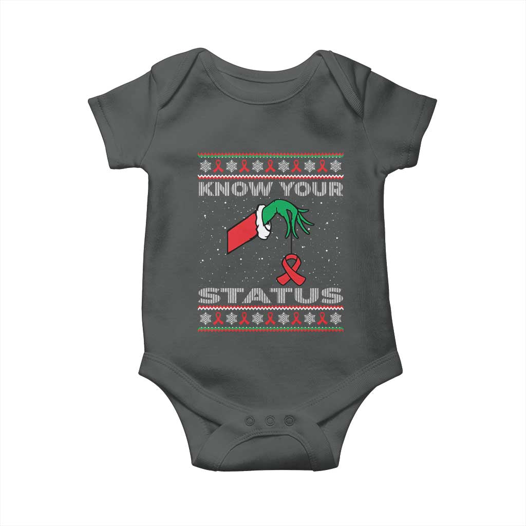 Funny Know Your Status Green Hand Baby Onesie Red Ribbon HIV Ugly Sweater Gift TS12 Dark Heather Print Your Wear