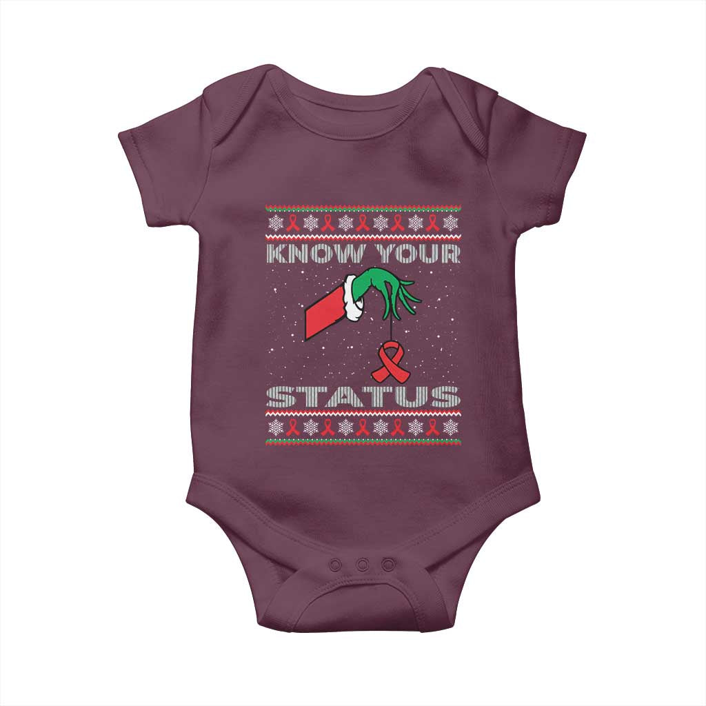 Funny Know Your Status Green Hand Baby Onesie Red Ribbon HIV Ugly Sweater Gift TS12 Maroon Print Your Wear