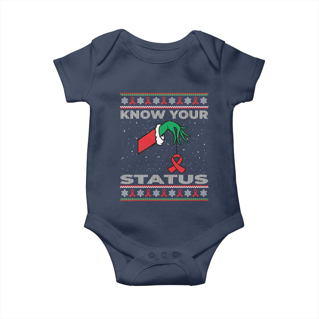 Funny Know Your Status Green Hand Baby Onesie Red Ribbon HIV Ugly Sweater Gift TS12 Navy Print Your Wear