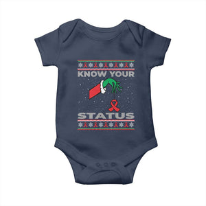 Funny Know Your Status Green Hand Baby Onesie Red Ribbon HIV Ugly Sweater Gift TS12 Navy Print Your Wear