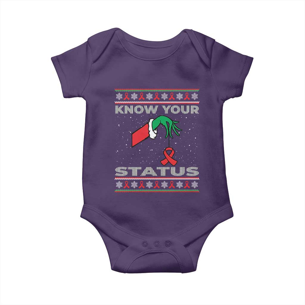 Funny Know Your Status Green Hand Baby Onesie Red Ribbon HIV Ugly Sweater Gift TS12 Purple Print Your Wear