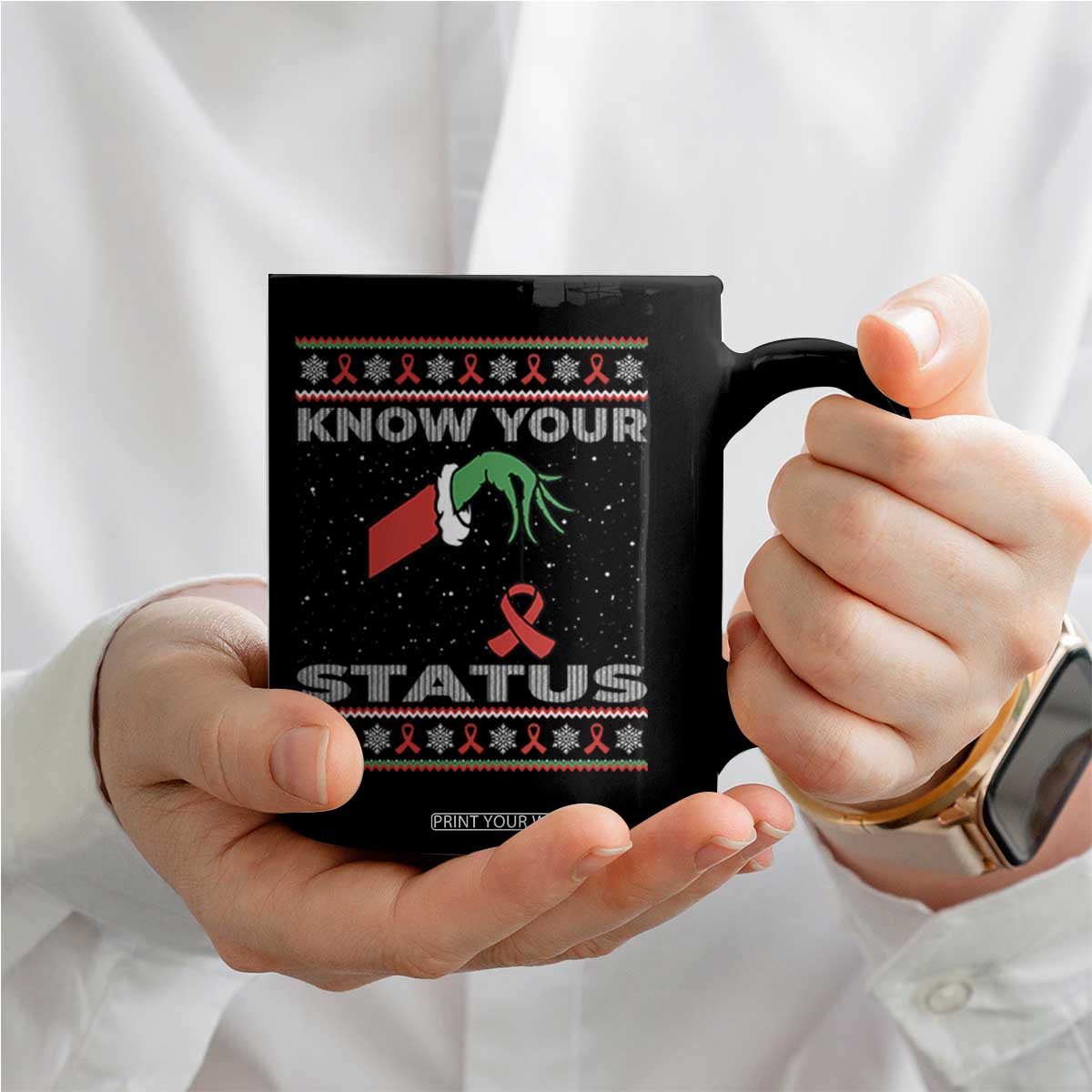 Funny Know Your Status Green Hand Coffee Mug Red Ribbon HIV Ugly Sweater Gift TS12 Print Your Wear