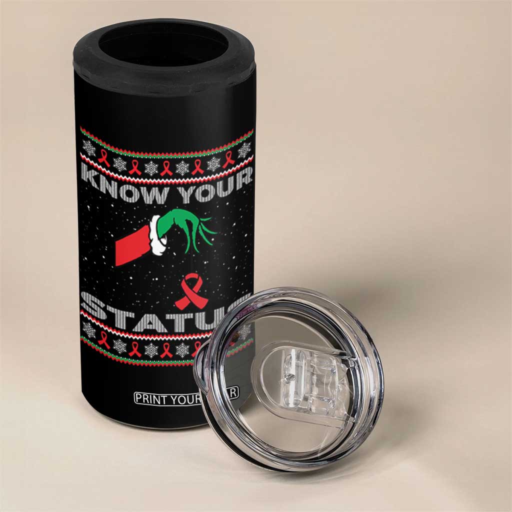 Funny Know Your Status Green Hand 4 in 1 Can Cooler Tumbler Red Ribbon HIV Ugly Sweater Gift TS12 Print Your Wear