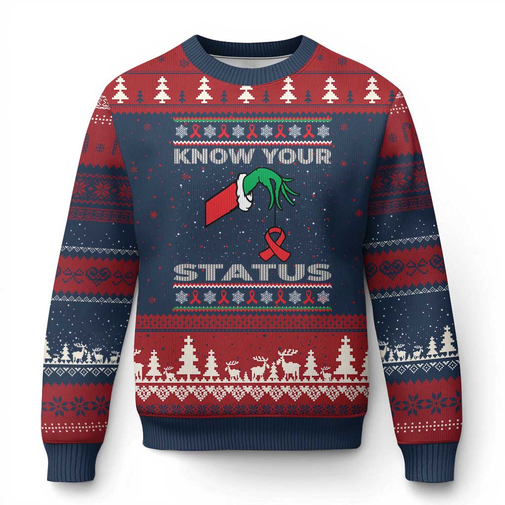 Funny Know Your Status Green Hand Ugly Christmas Sweater Red Ribbon HIV Ugly Sweater Gift TS12 Navy Red Print Your Wear