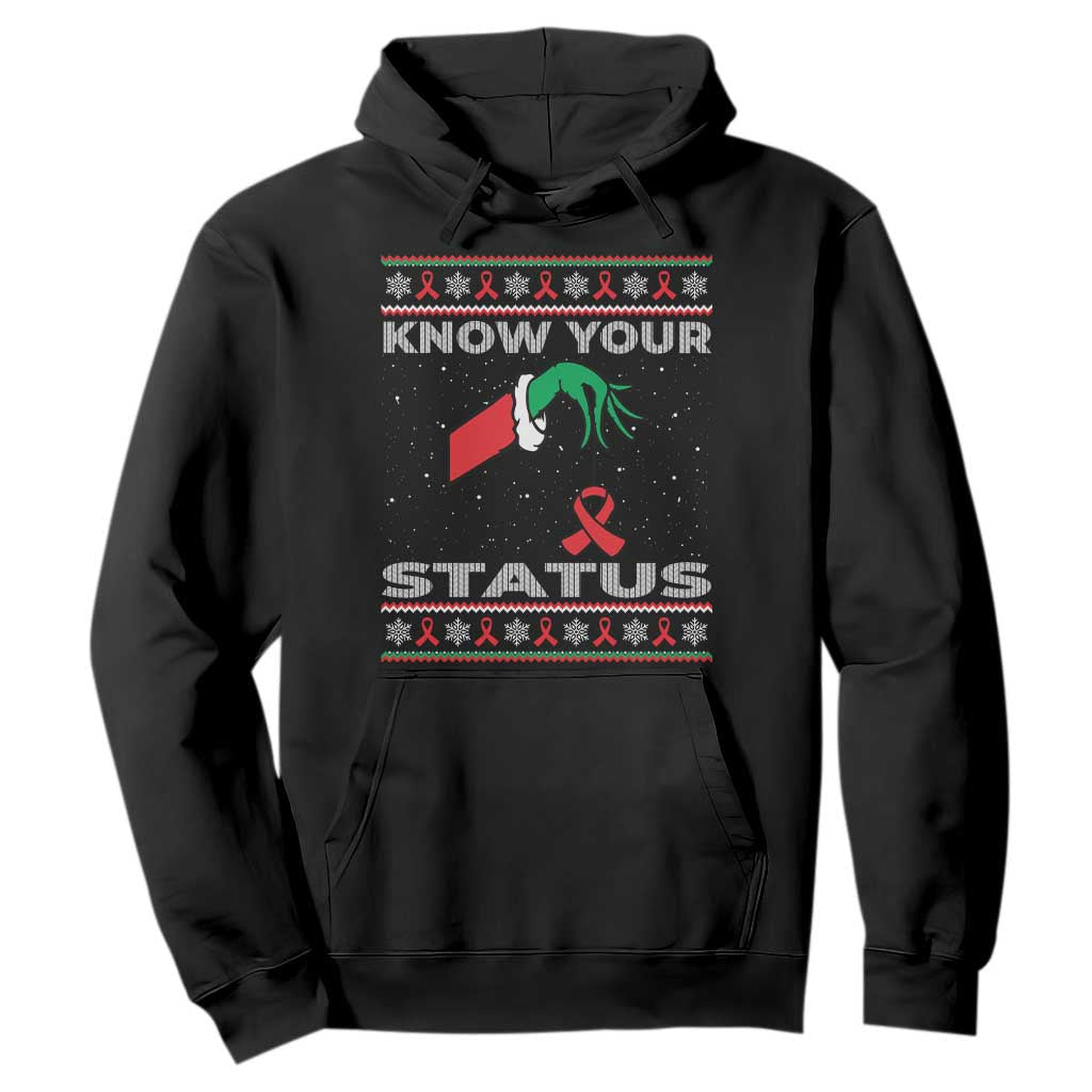 Funny Know Your Status Green Hand Hoodie Red Ribbon HIV Ugly Sweater Gift TS12 Black Print Your Wear