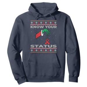 Funny Know Your Status Green Hand Hoodie Red Ribbon HIV Ugly Sweater Gift TS12 Navy Print Your Wear