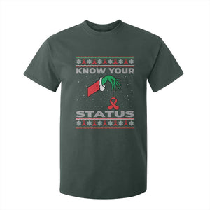 Funny Know Your Status Green Hand T Shirt For Kid Red Ribbon HIV Ugly Sweater Gift TS12 Dark Forest Green Print Your Wear