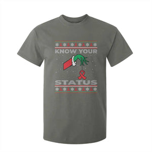 Funny Know Your Status Green Hand T Shirt For Kid Red Ribbon HIV Ugly Sweater Gift TS12 Military Green Print Your Wear