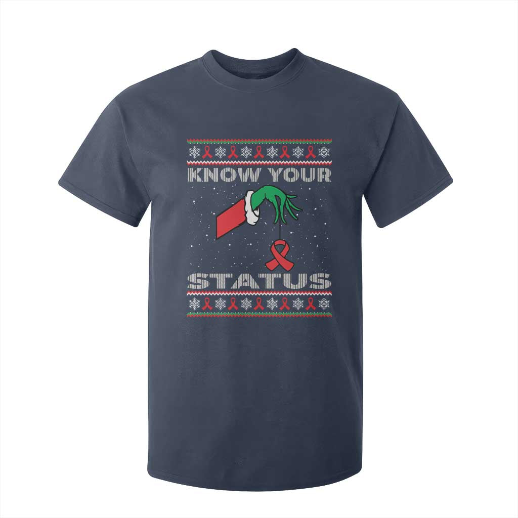 Funny Know Your Status Green Hand T Shirt For Kid Red Ribbon HIV Ugly Sweater Gift TS12 Navy Print Your Wear