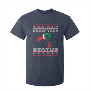Funny Know Your Status Green Hand T Shirt For Kid Red Ribbon HIV Ugly Sweater Gift TS12 Navy Print Your Wear